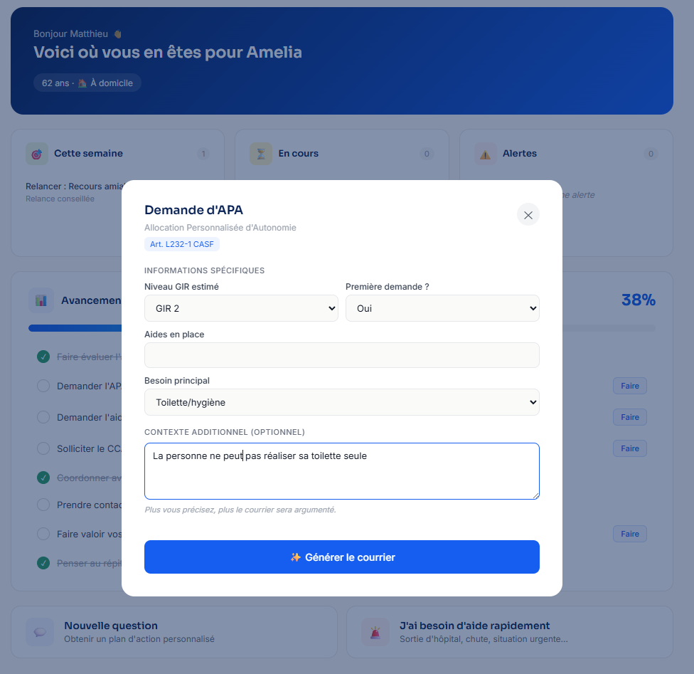 Modale de génération de courrier AideClaire : Demande d'APA avec informations spécifiques (GIR, besoin principal, contexte)