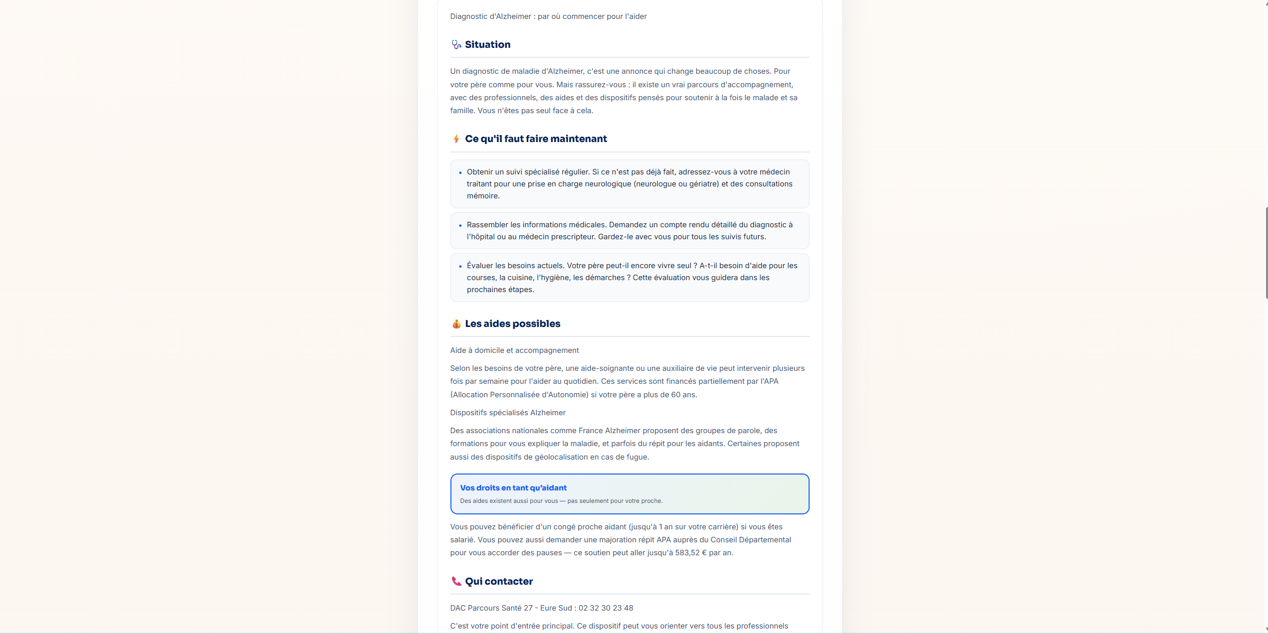 Première partie de la réponse AideClaire : situation, démarches prioritaires, aides possibles, droits de l'aidant