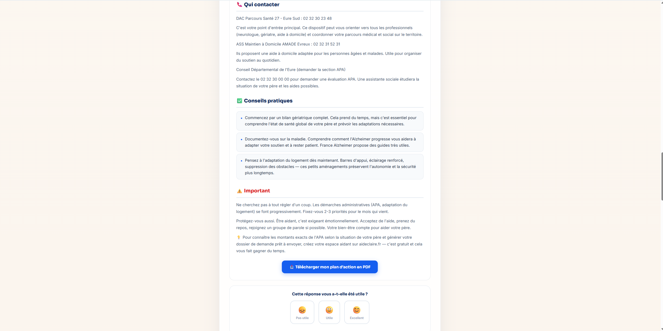 Deuxième partie de la réponse AideClaire : contacts locaux, conseils pratiques, PDF téléchargeable